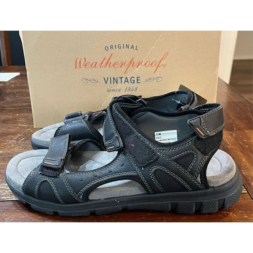 WEATHERPROOF VINTAGE Mens Black Cushioned Cole Round Toe Wedge Sandals Shoes